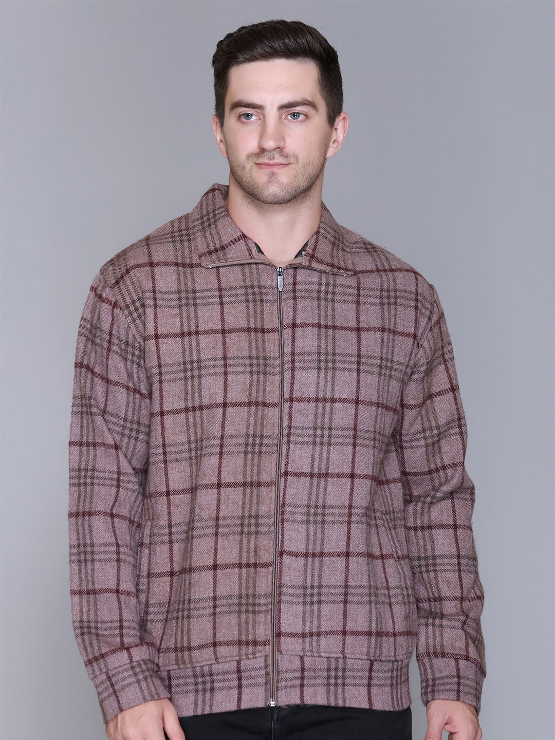 

PYRO SPIRIT Men Checked Front-Open Sweatshirt, Brown