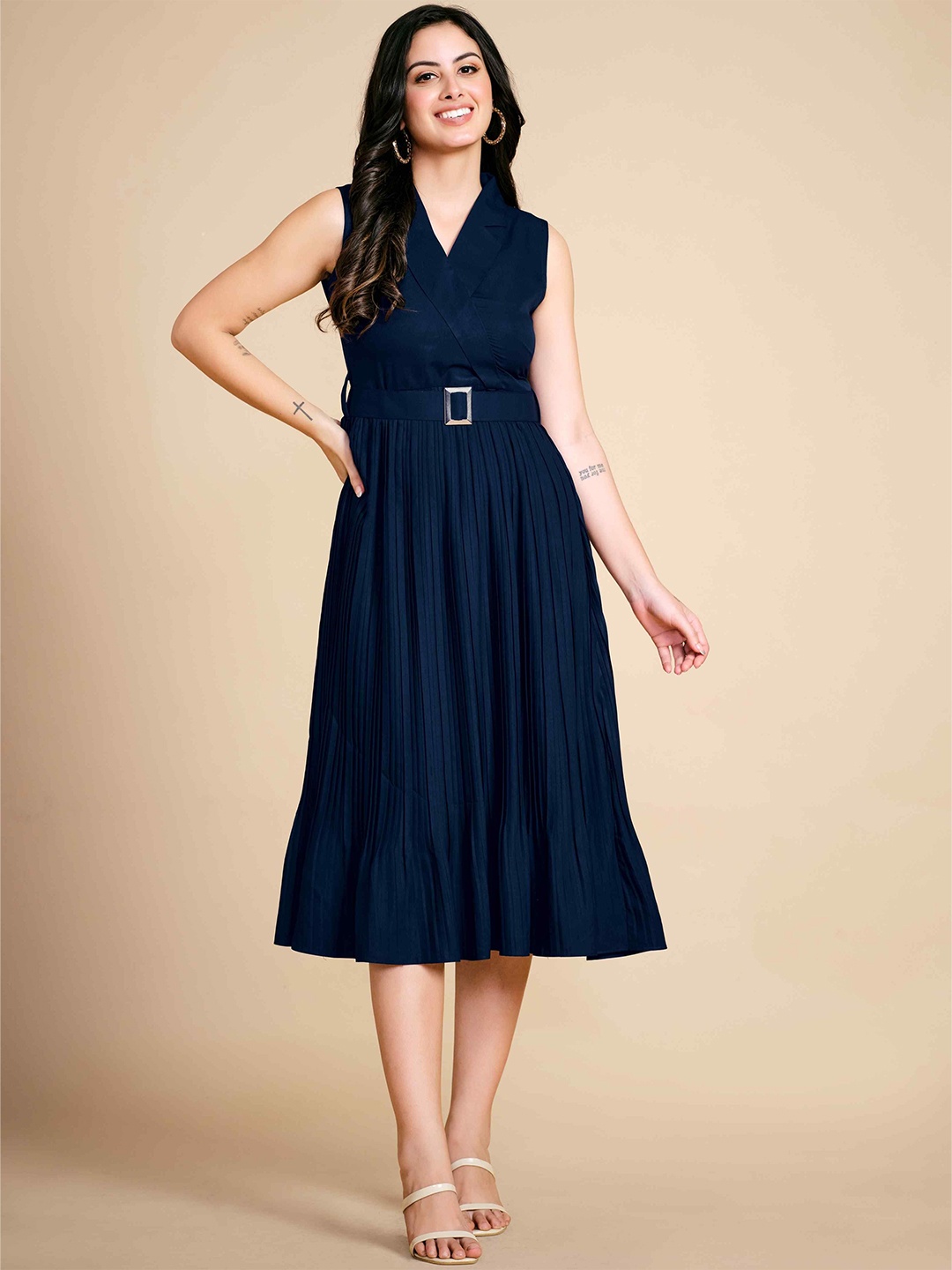 

Glomee Crepe Fit & Flare Accordion Pleated Midi Dress with Belt, Blue