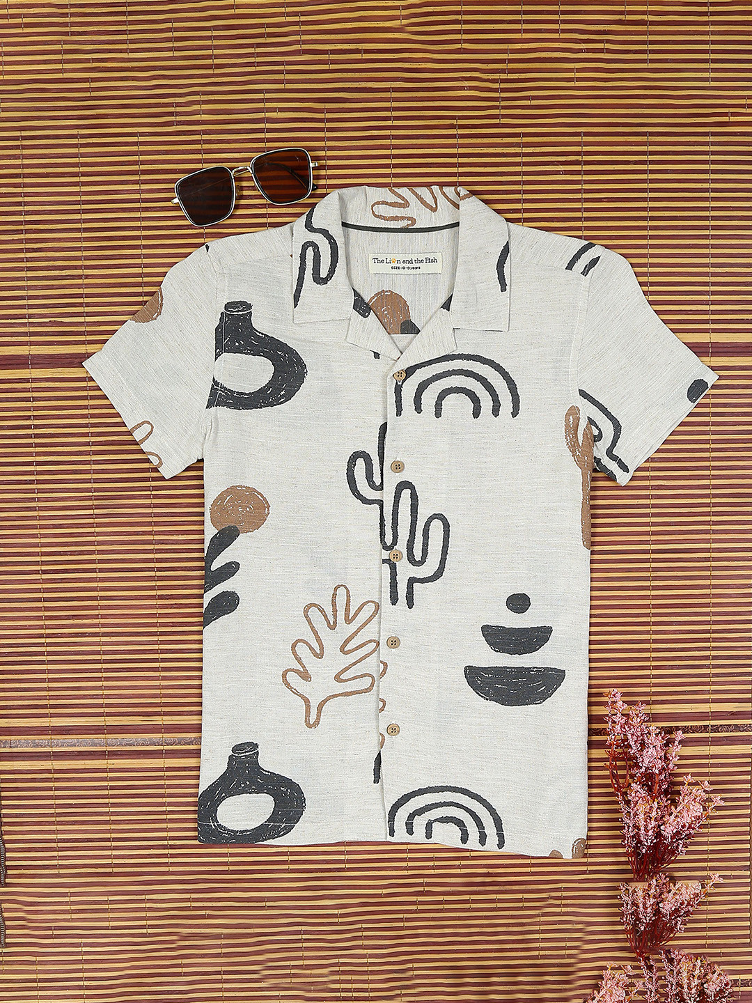 

The Lion and The Fish Boys Relaxed Fit Cuban Collar Abstract Printed Casual Shirt, Beige