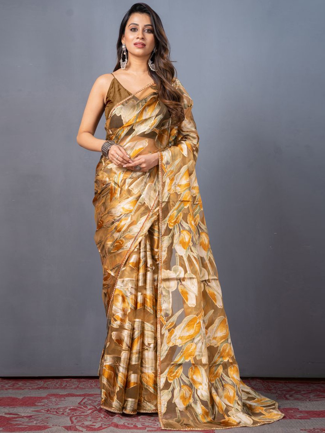 

KAJREE Floral Printed Beads and Stones Organza Saree, Yellow
