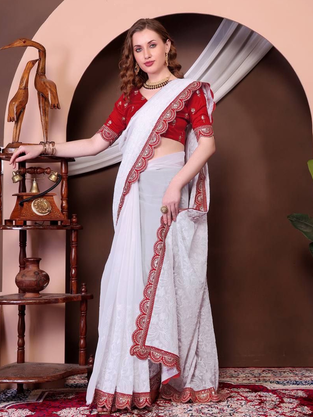 

Moda Rapido Paisley Embroidered Pure Georgette Saree, White