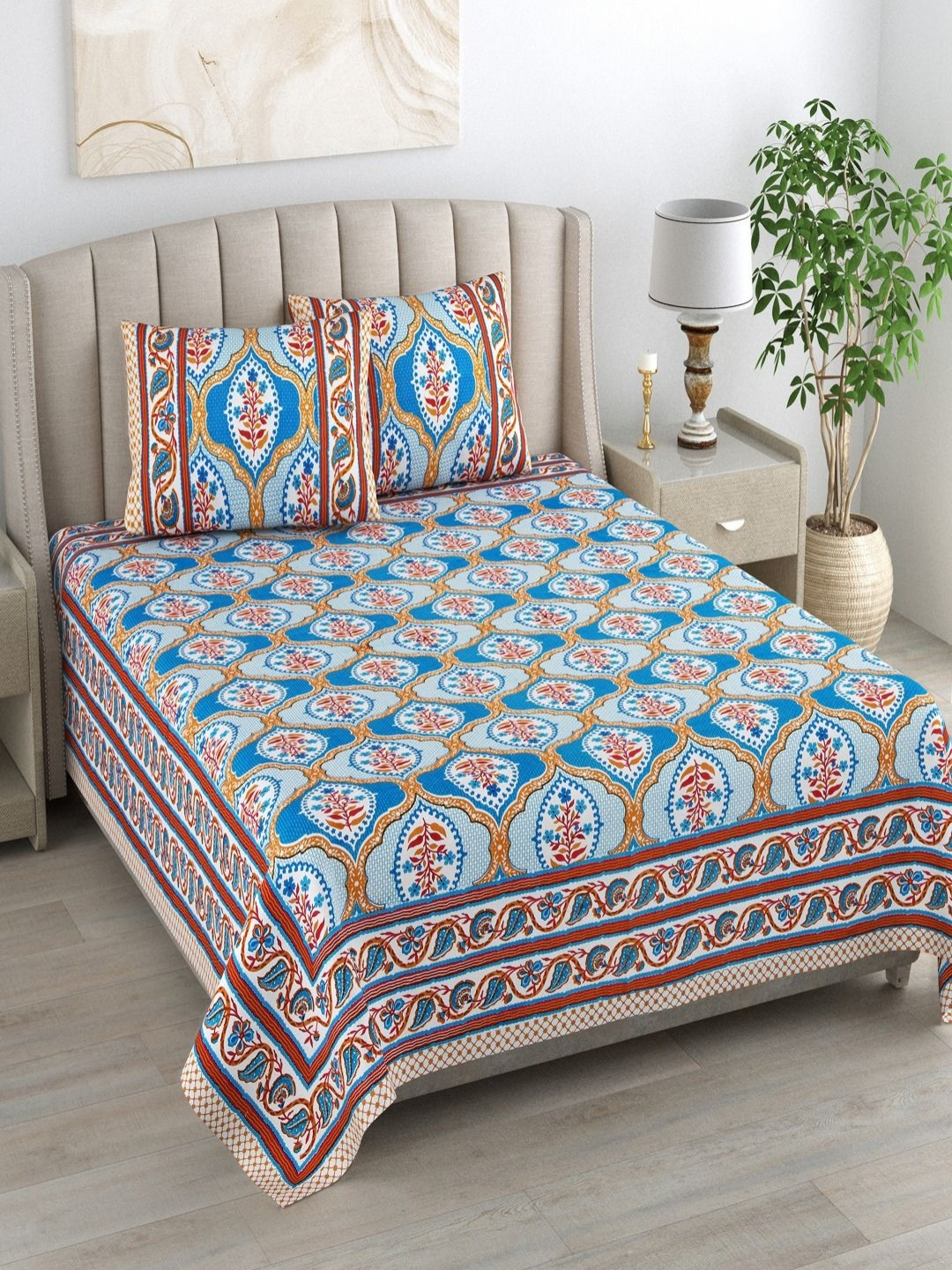 

Myntra Elegant Homes Turquoise Blue Printed Cotton 180TC King Bedsheet Set 2.74 m x 2.54 m, White