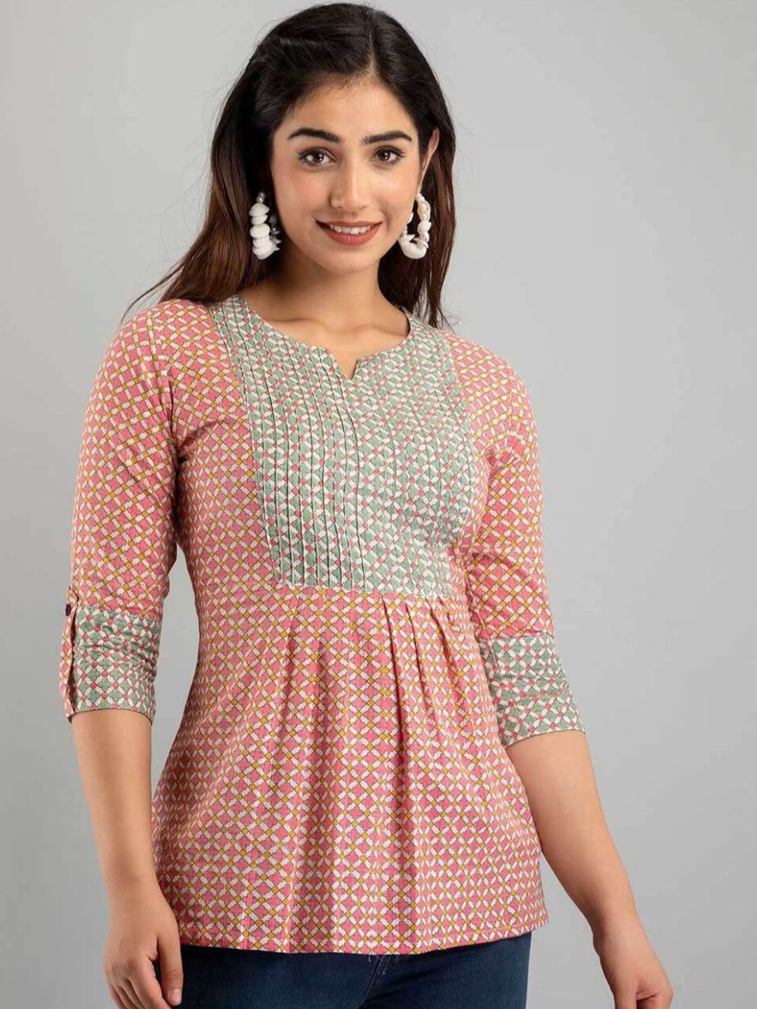 

Rangun Floral Printed Mandarin Collar Ethnic Peplum Top, Pink