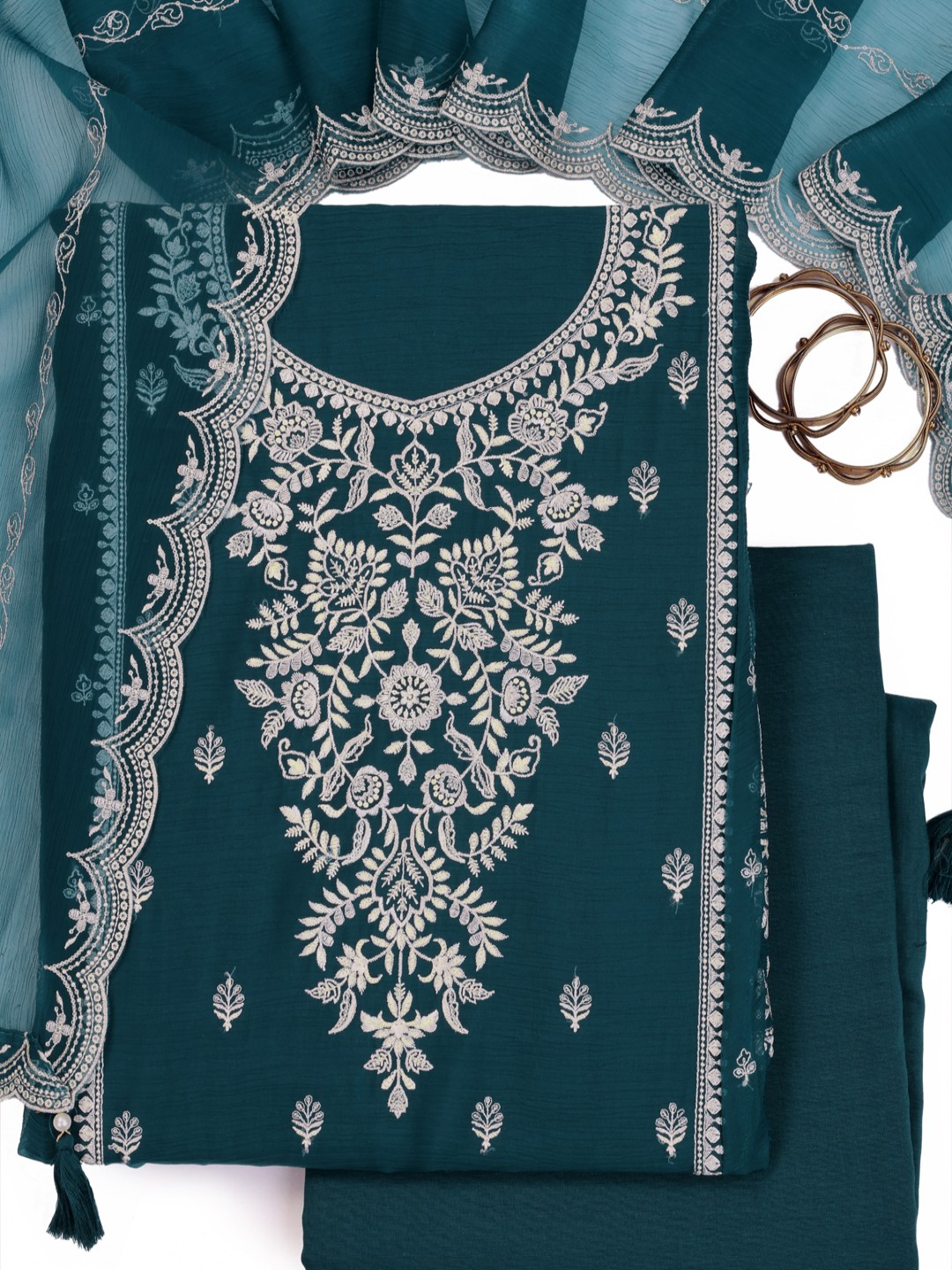 

KULEESH Floral Embroidered Sequinned Silk Chiffon Unstitched Dress Material, Teal