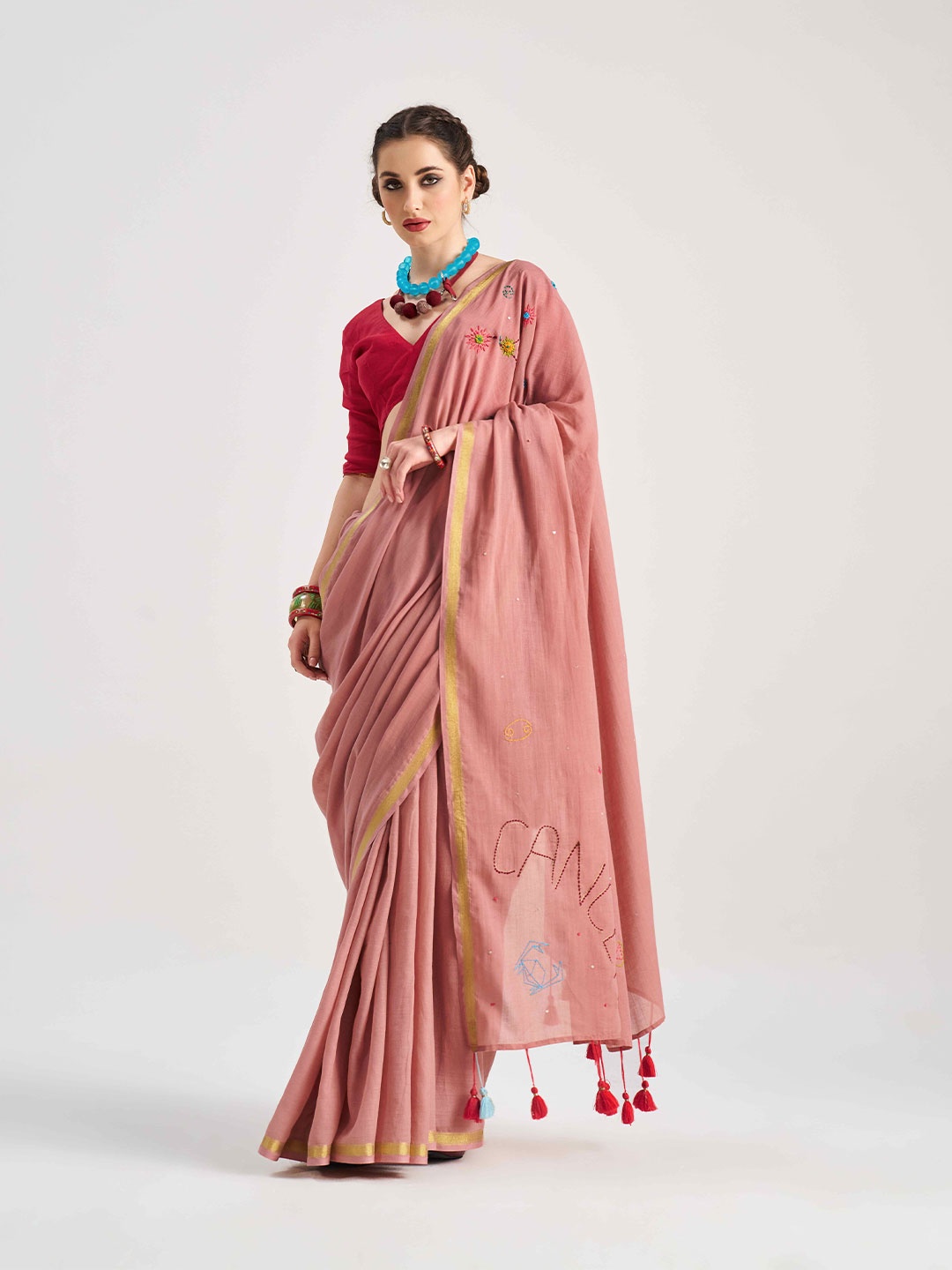 

PEENGAX Pure Georgette Chanderi Saree, Pink