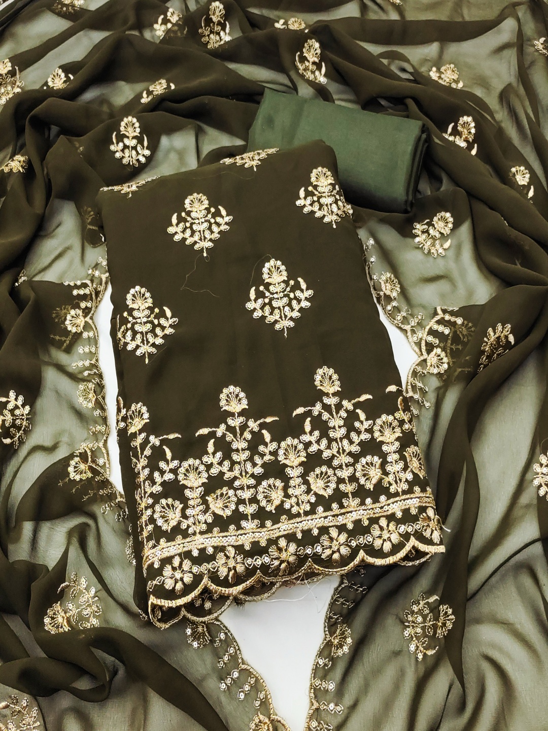 

HERE&NOW Floral Embellished Organza Unstitched Dress Material, Olive