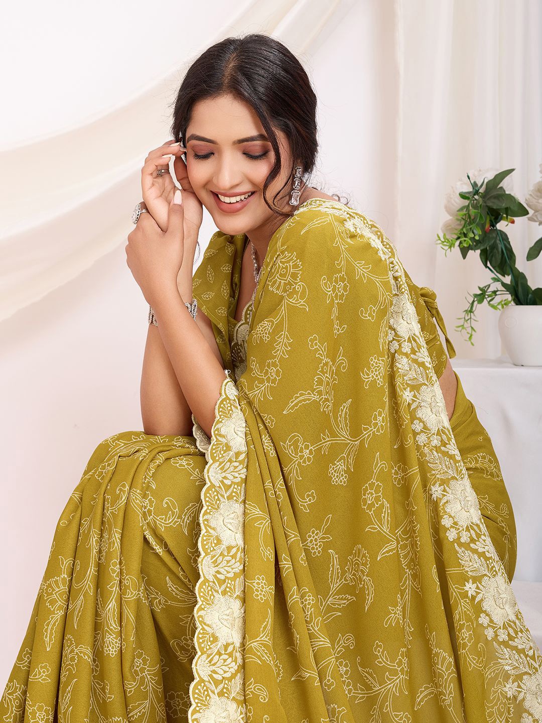 

Mitera Floral Embroidered Saree, Yellow