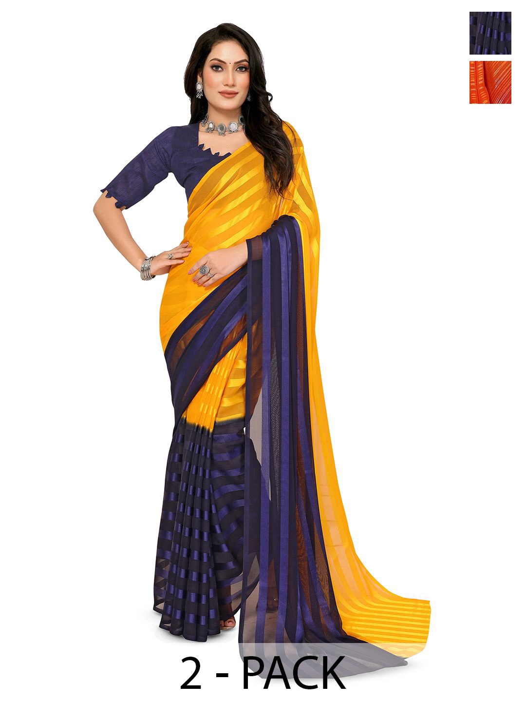 

Moda Rapido Pack Of 2 Striped Satin Saree, Yellow