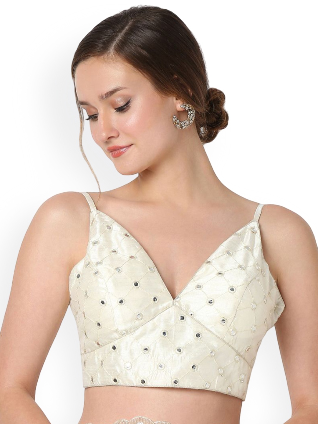 

Mmore Embroidered Padded Sleeveless Saree Blouse, Off white