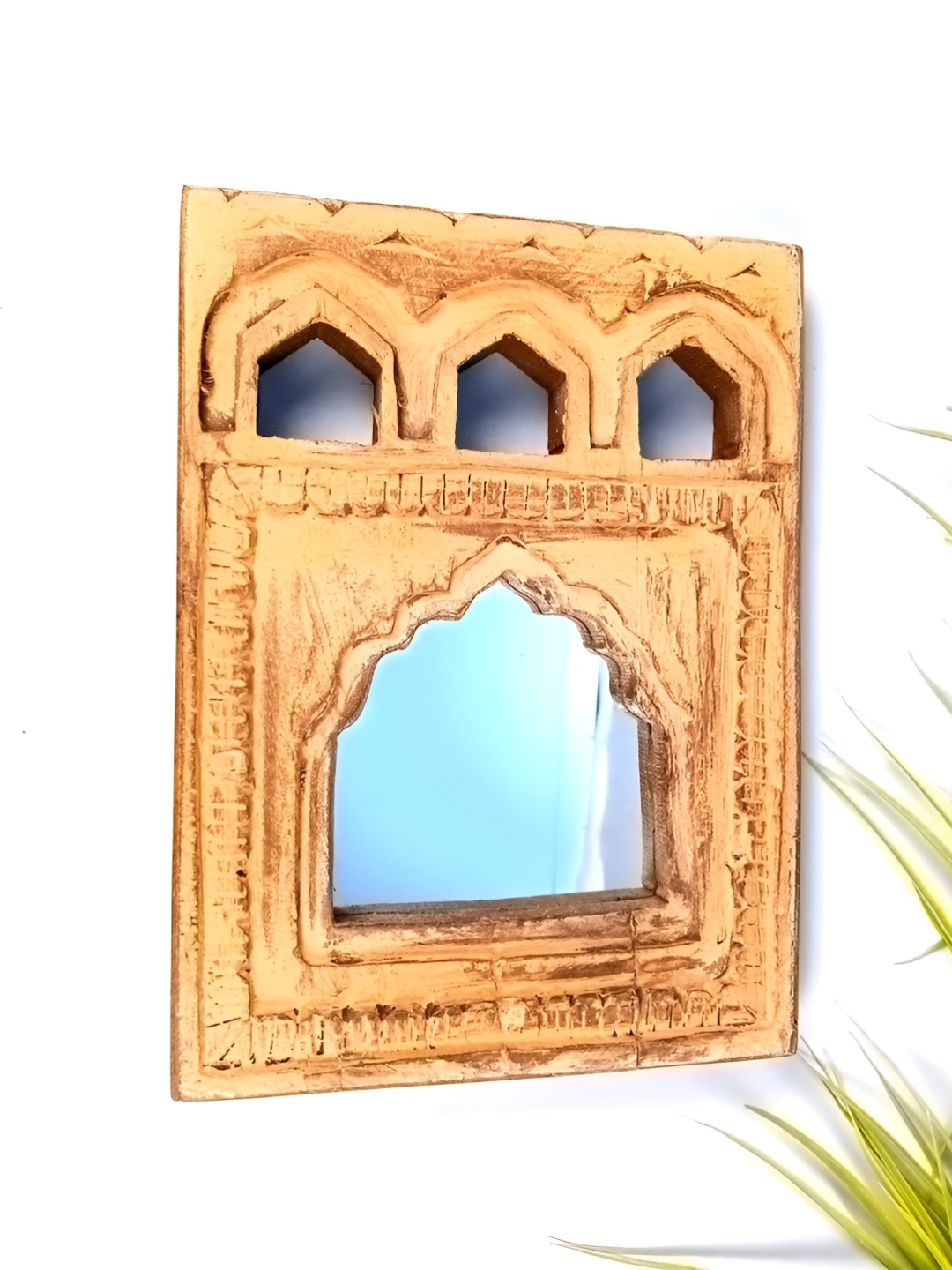 

apka mart Beige Textured Antique Wooden Jharokha Wall Hanging With Mirror