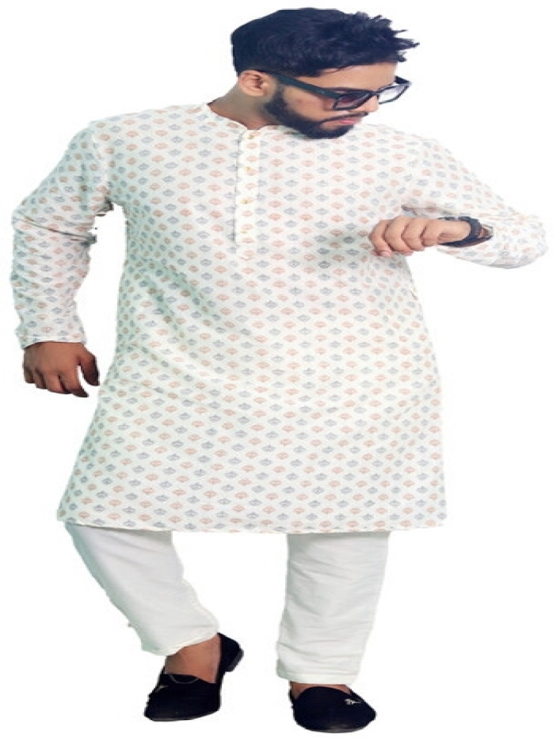 

House of Aqss Ethnic Motifs Printed Mandarin Collar Straight Kurta With Pyjamas, White