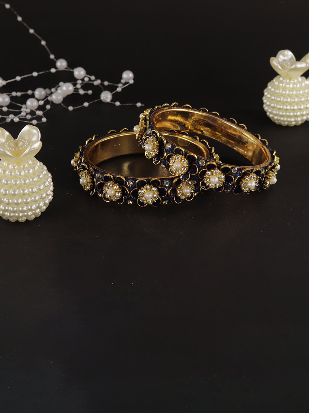 

ZULKA Set Of 2 Cubic Zirconia-Studded & Pearls Beaded Metal Bangles, Gold
