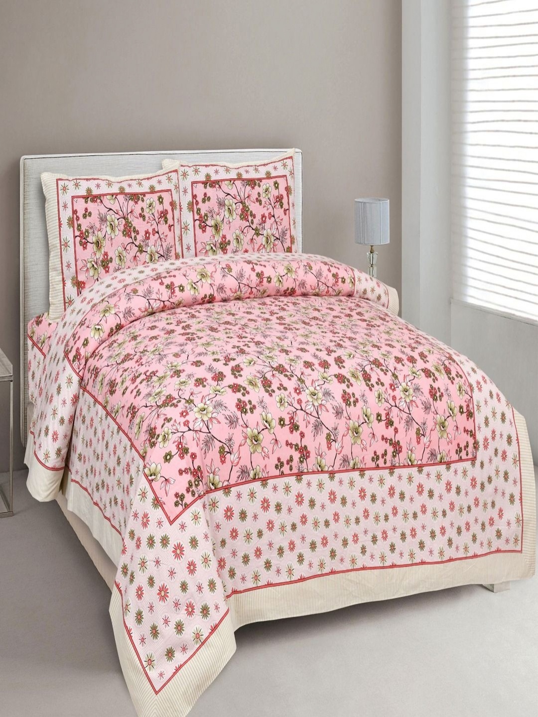 

Myntra Elegant Homes Peach Printed Pure Cotton 180 TC King Bedsheet Set 2.74 m x 2.54 m