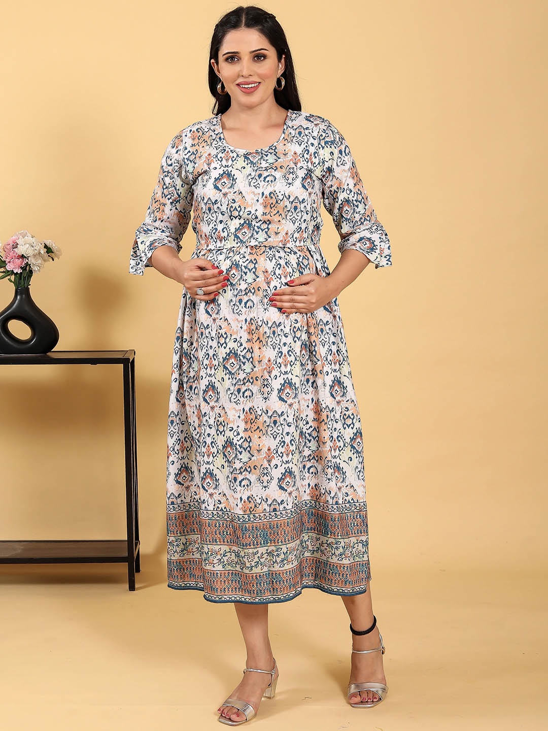 

RITIJYA Floral Printed Round Neck Maternity Fit And Flare Ethnic Dresses, White