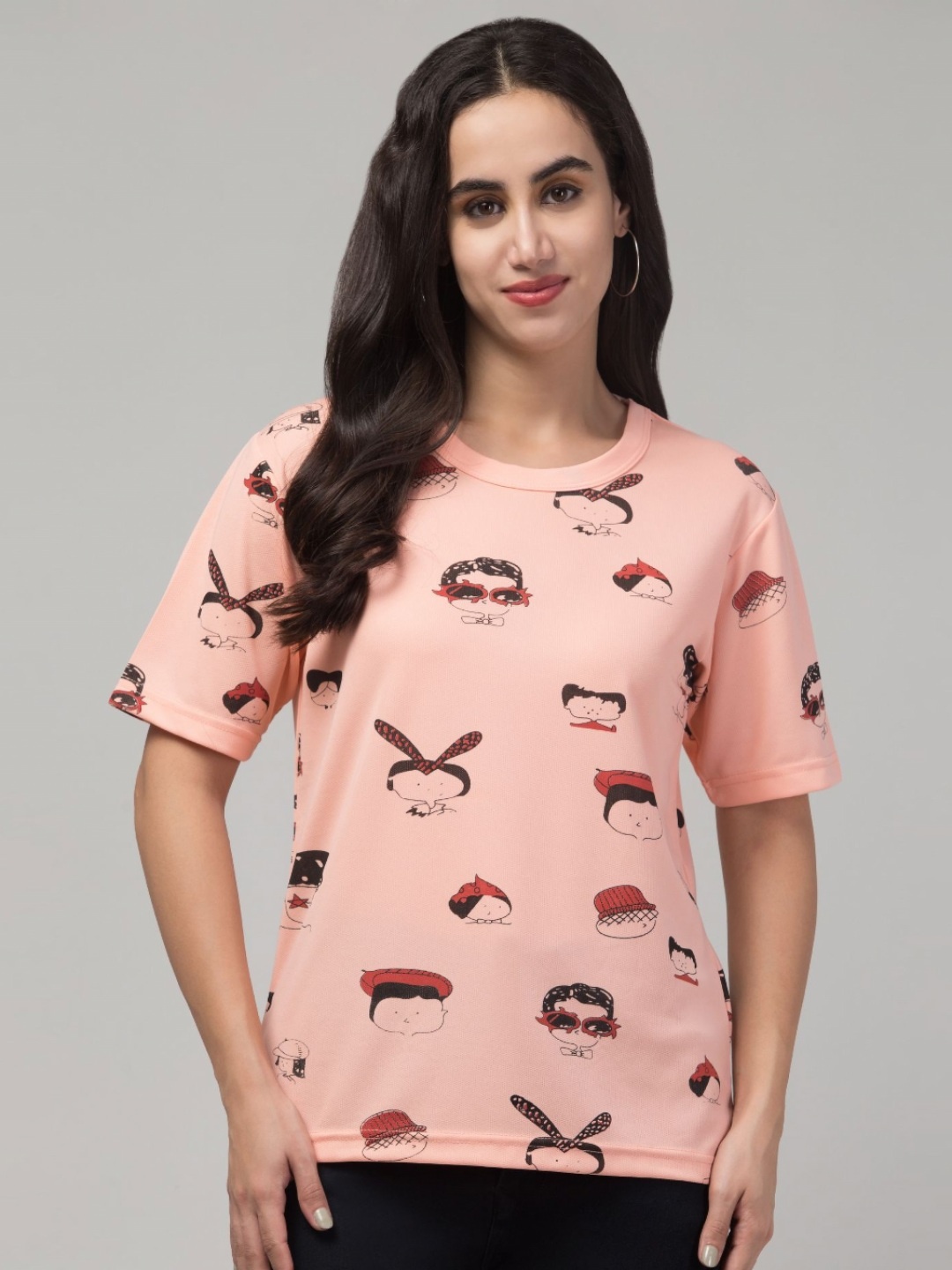 

CLOTHY Women Graphic Printed Round Neck T-shirt, Peach