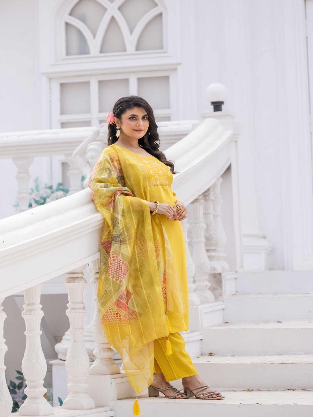 

Twika Floral Yoke Design Straight Kurta With Trouser & Dupatta, Yellow