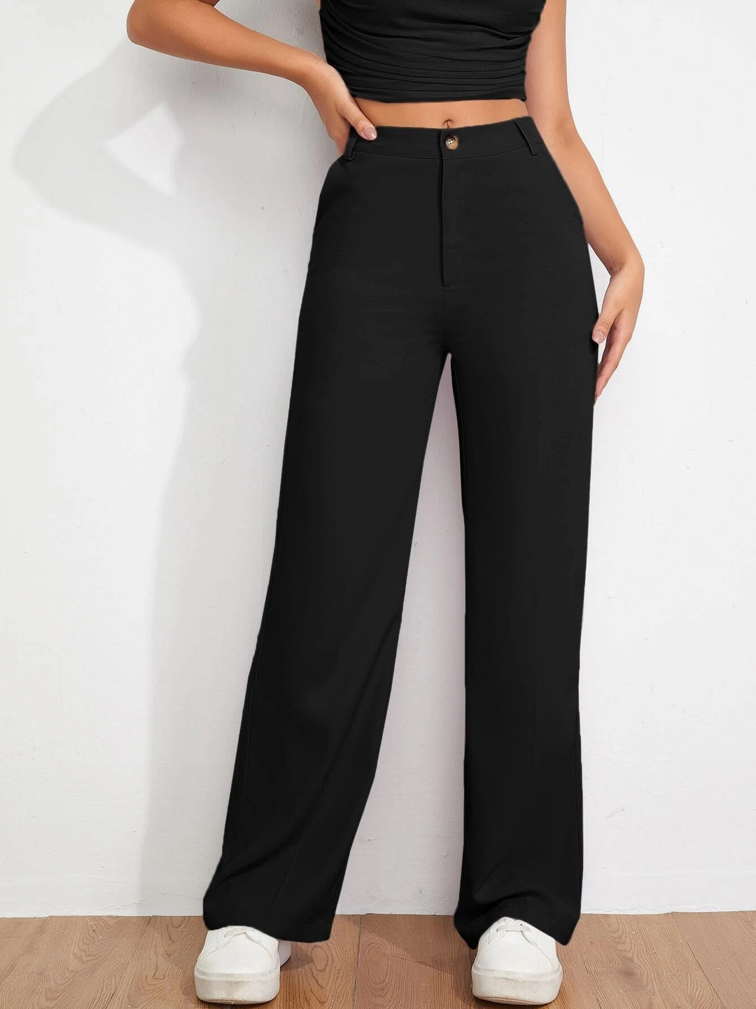 

FNOCKS Women Relaxed Straight Leg High-Rise Stain Resistant Trousers, Black