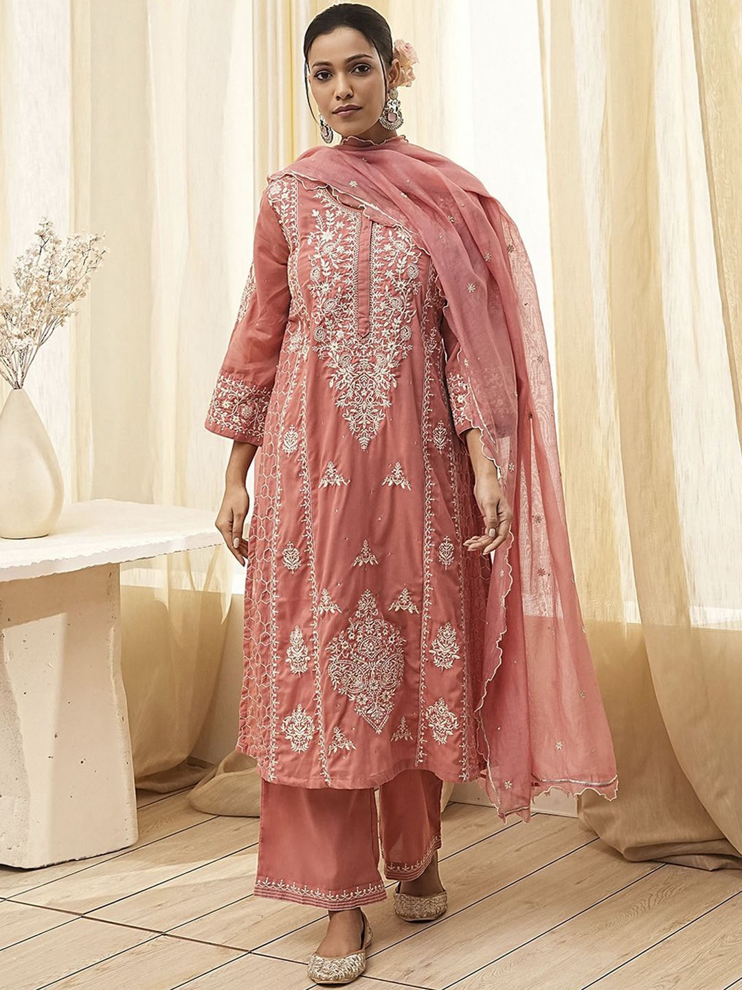 

Biba Floral Embroidered Sequinned Kurta With Palazzos And Dupatta, Pink