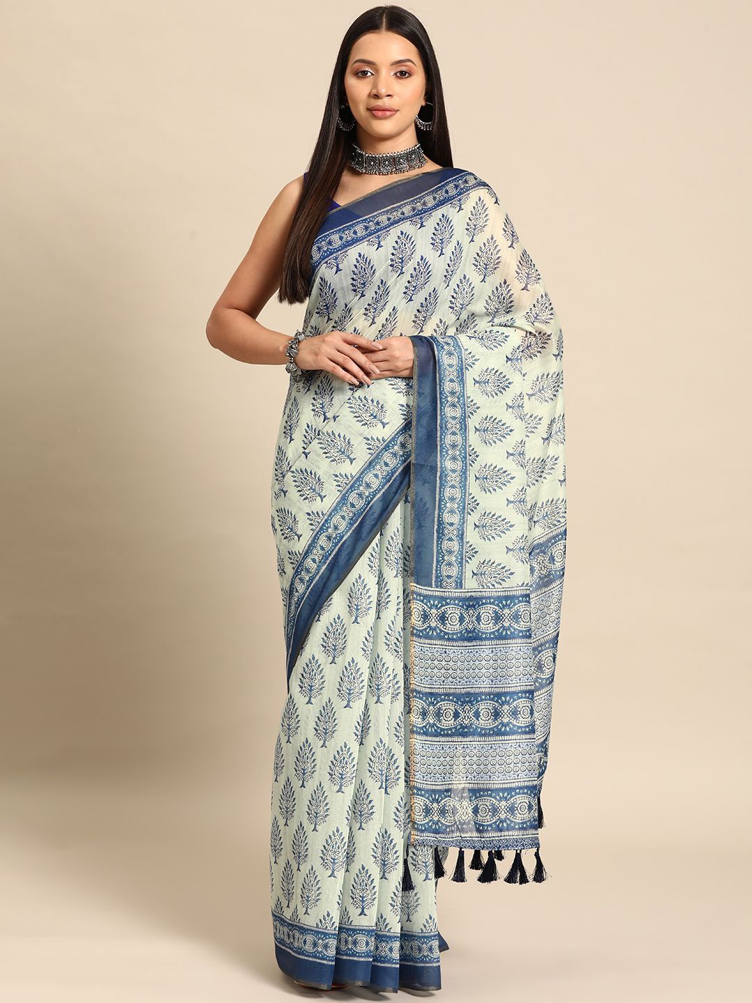 

DIVASTRI Chanderi Cotton Indigo Digital Printed Saree With Tassels, White