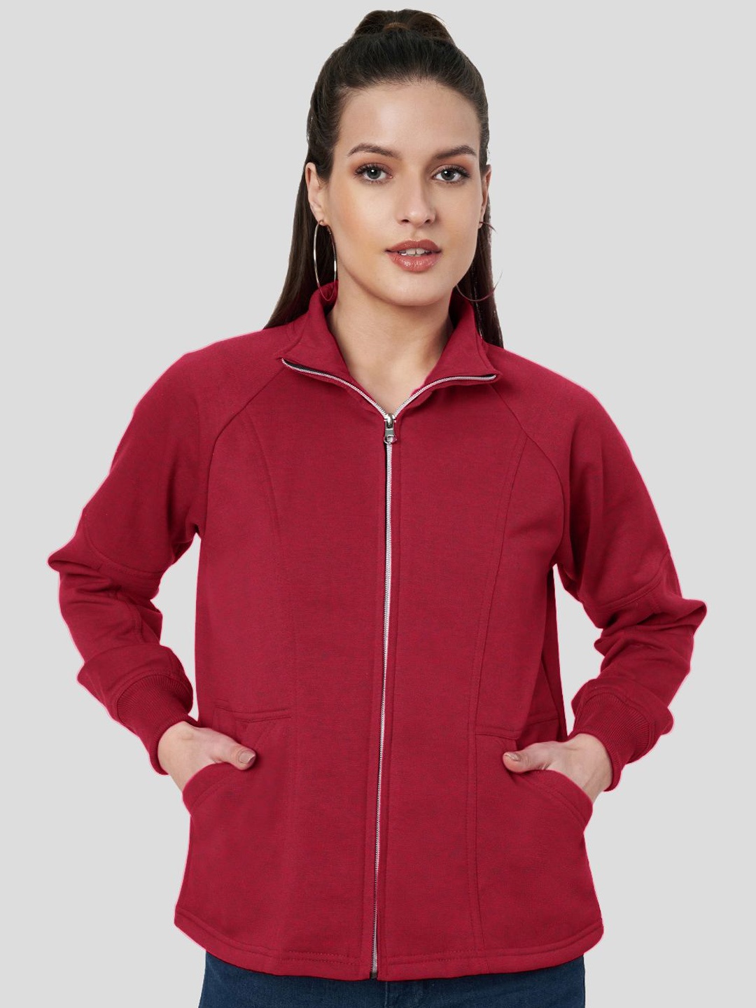 

BRINNS Women Mock Collar Solid Fleece Casual Bomber Jacket, Maroon