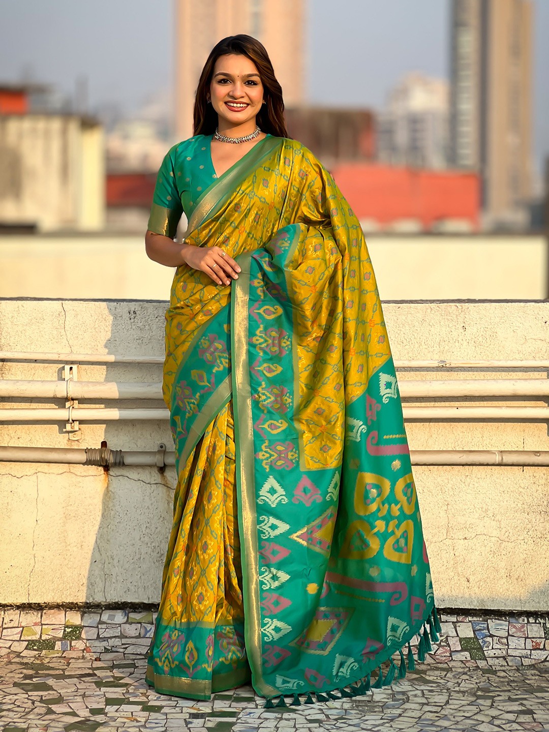 

Vintro Woven Design Zari Pure Silk Patola Saree, Mustard