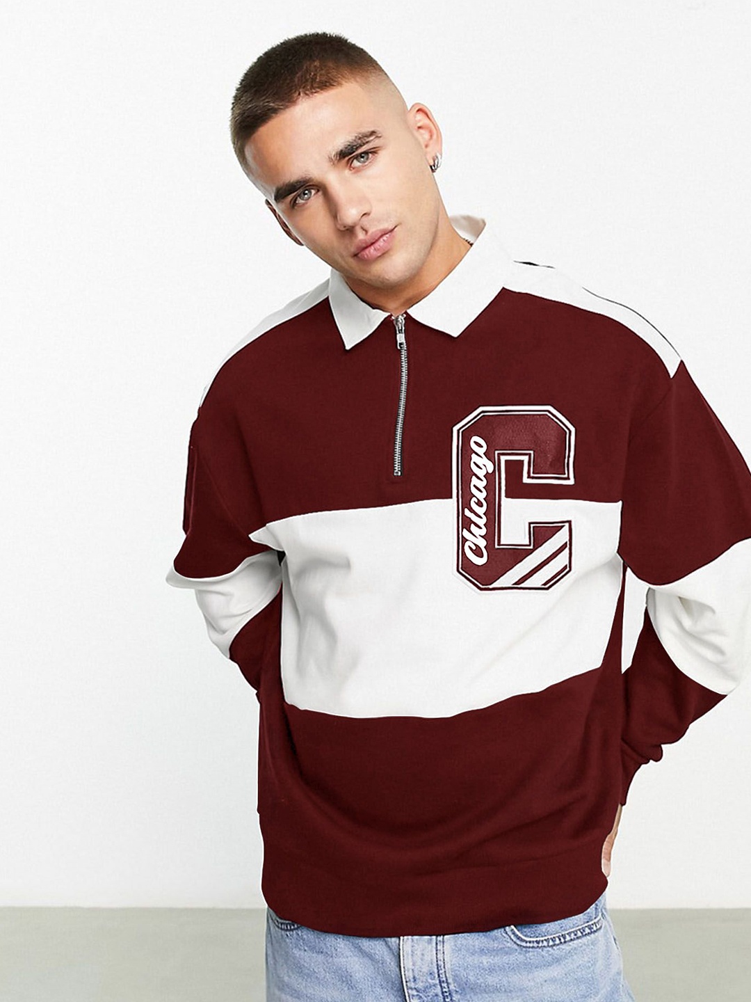 

JUMPCUTS Men Shirt Collar Colourblocked Sweatshirt, Maroon