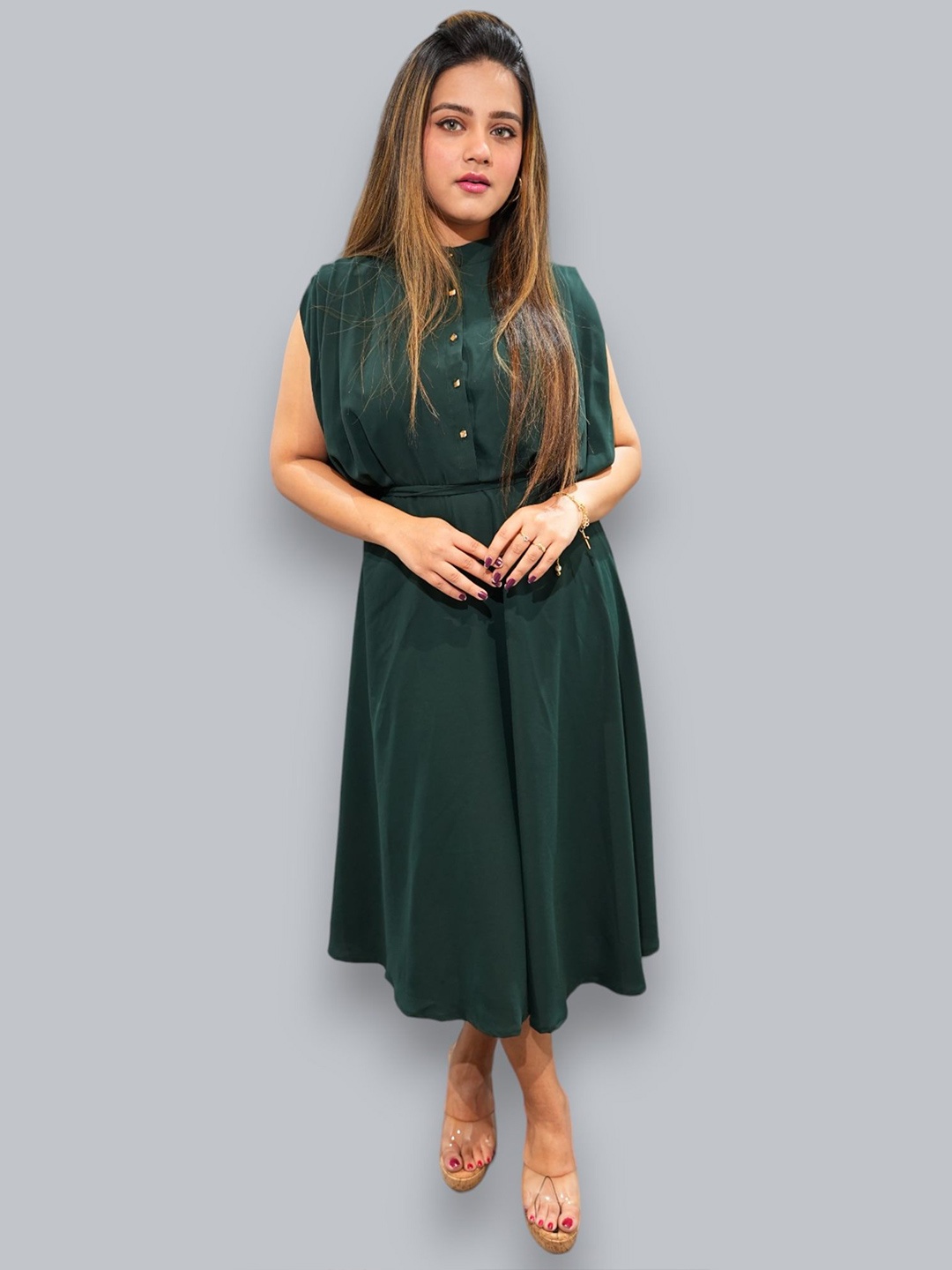 

BELLO DONA CLOTHING Women Mandarin Collar Fit & Flare Midi Dress, Green