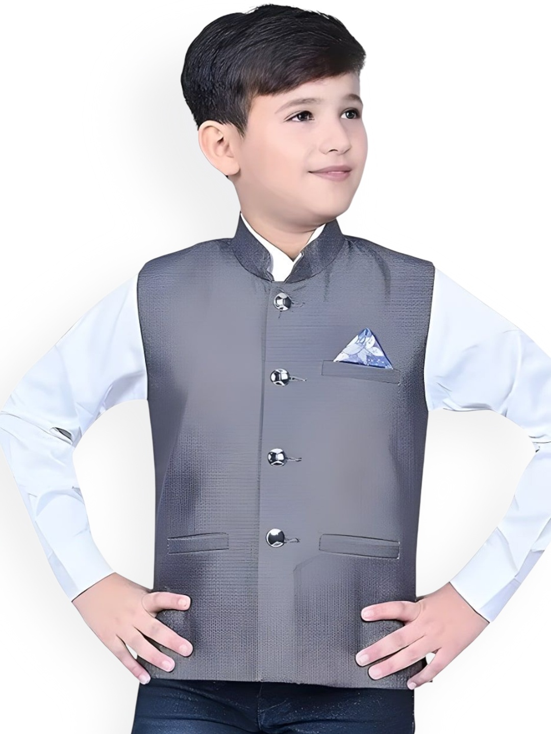 

Qitty Boys Mandarin Collar Cotton Jute Nehru Jacket With Shirt & Pocket Square, Grey