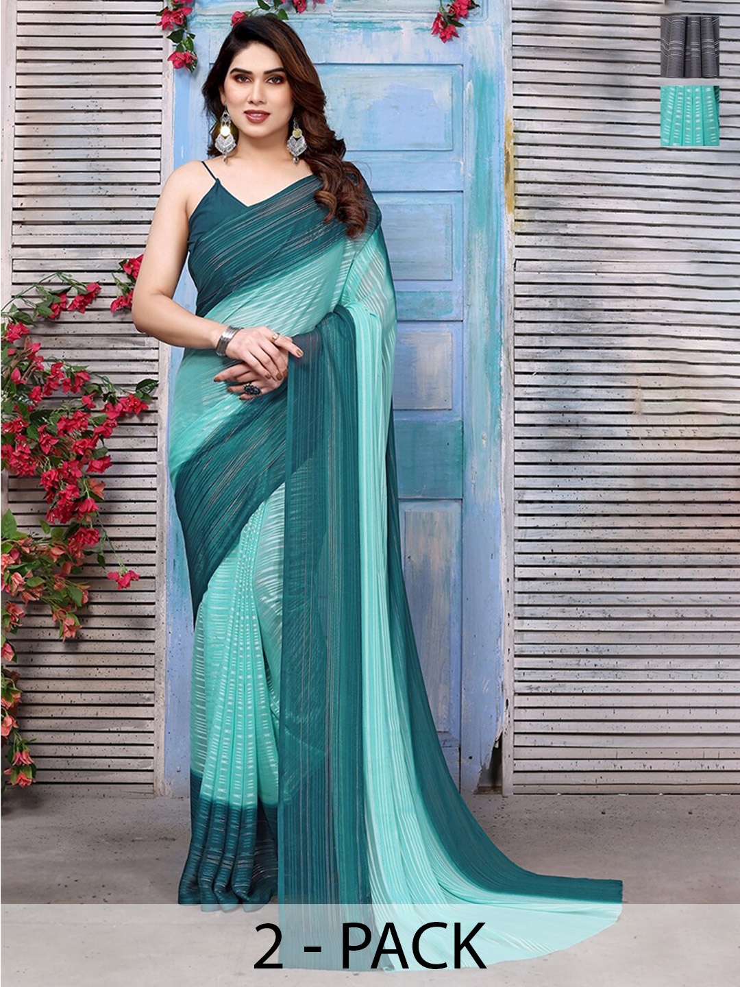 

Moda Rapido Pack Of 2 Striped Satin Saree, Blue