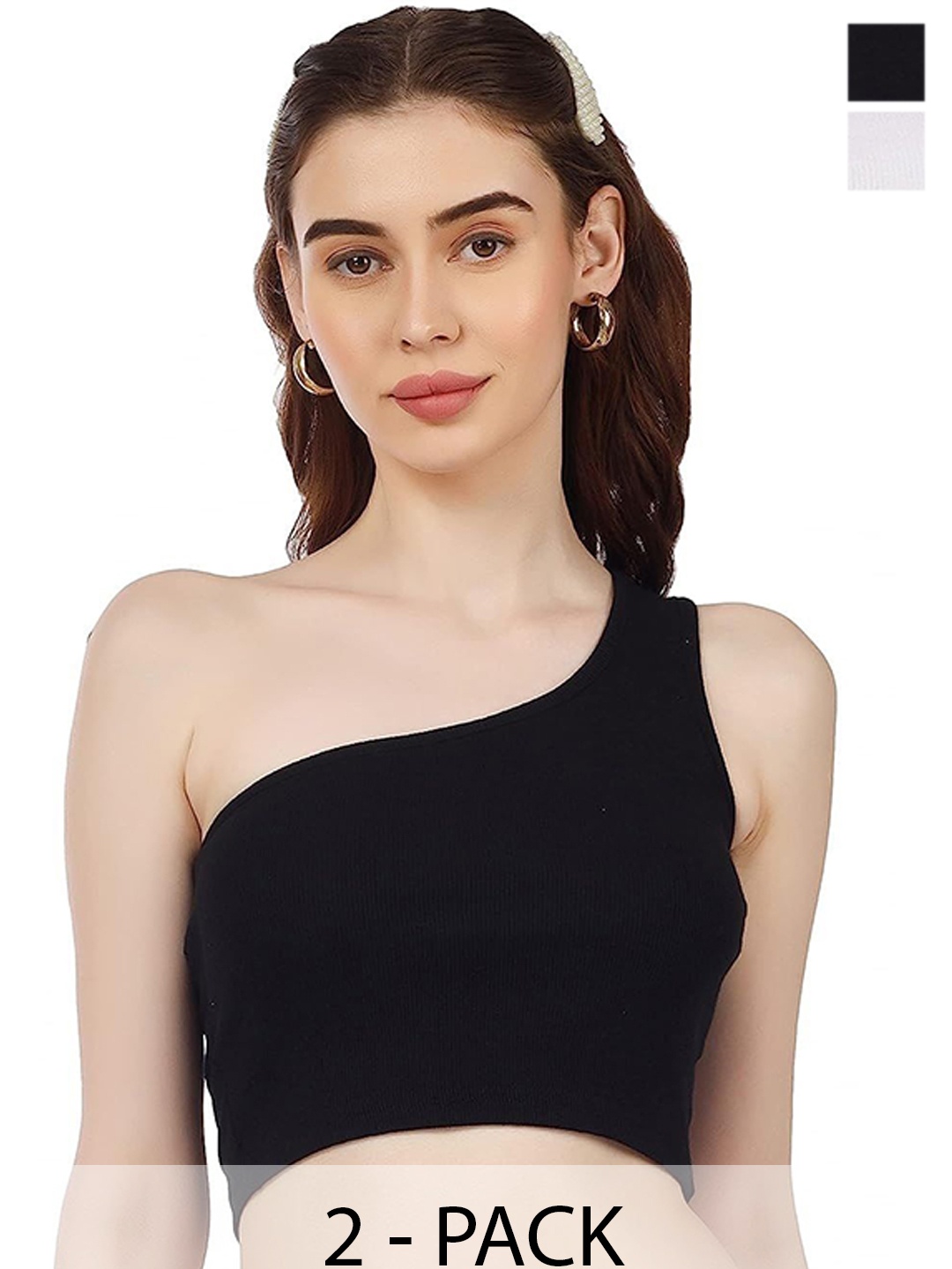 

SRISARAS Pack of 2 Solid Round Neck Tank Crop Top, White