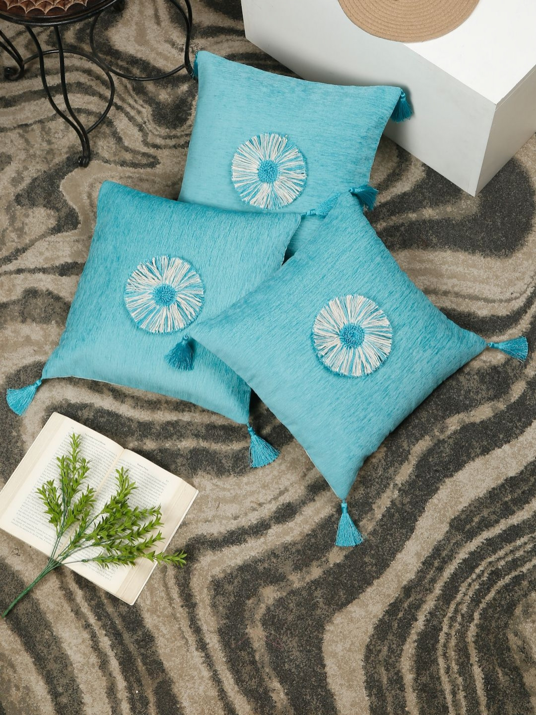 

SOKNACK Turquoise Blue & White 3 Pieces Embroidered Velvet Square Tasselled Cushion Covers