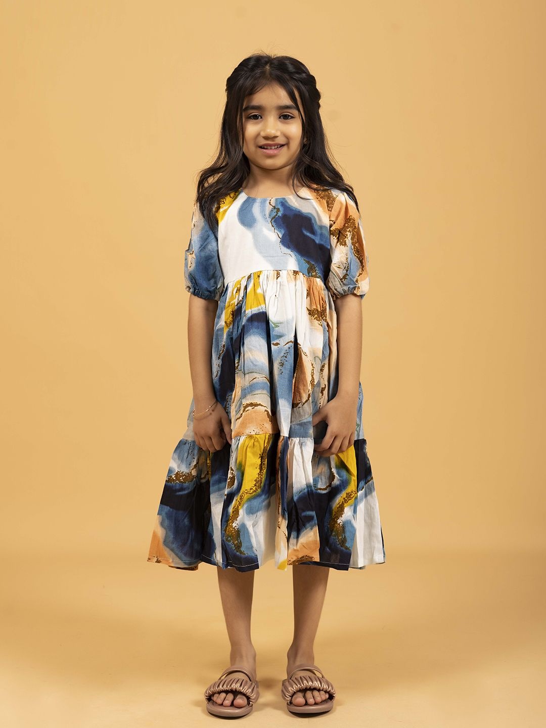 

SPARSA Girls Printed Puff Sleeves Cotton Fit & Flare Dress, Navy blue