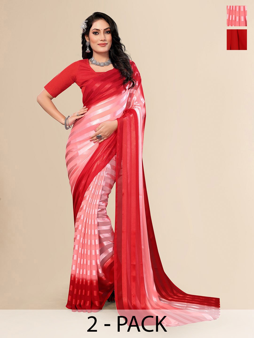 

Moda Rapido Pack Of 2 Striped Satin Saree, Red