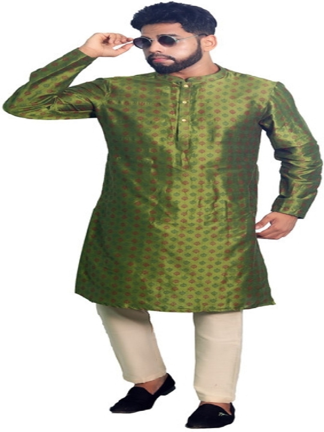 

House of Aqss Floral Printed Mandarin Collar Art Silk Straight Kurta And Pyjamas, Green