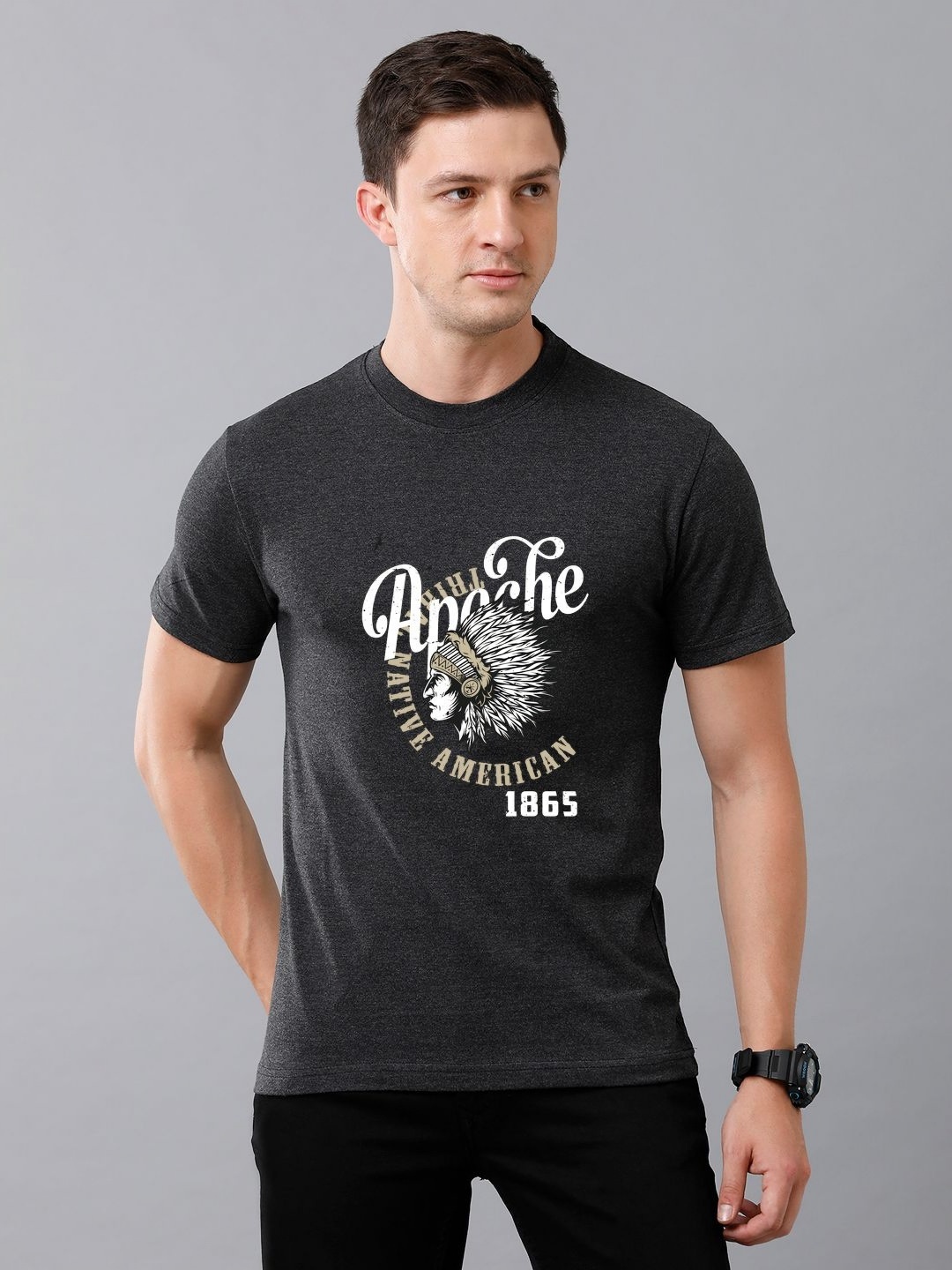 

Moda Rapido Men Graphic Printed Round Neck Cotton T-shirt, Charcoal