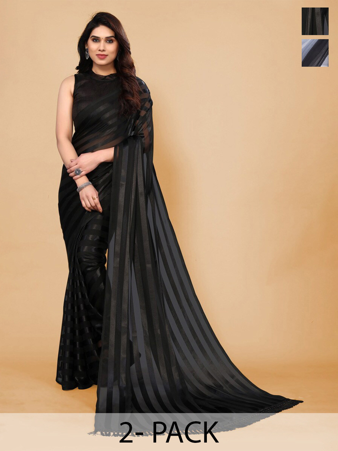 

Moda Rapido Pack Of 2 Striped Satin Saree, Black