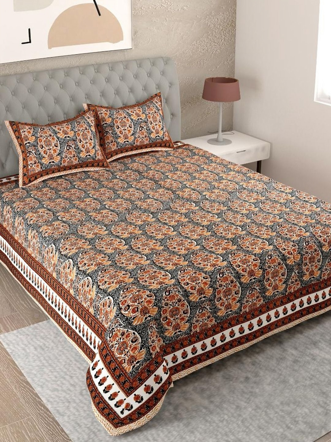 

Myntra Elegant Homes Brown Printed Pure Cotton 180 TC King Bedsheet Set 2.74 m x 2.54 m