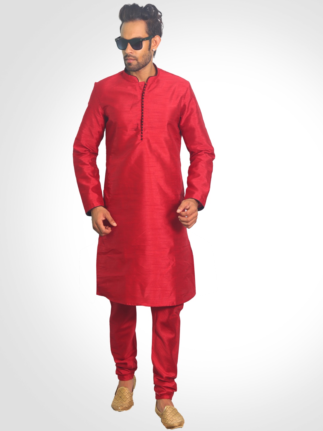 

House of Aqss Mandarin Collar Dupion Silk Straight Kurta With Pyjama, Red
