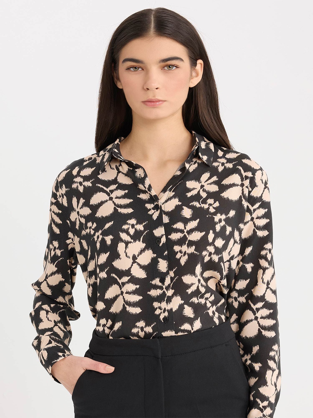 

DeFacto Shirt Collar Printed Tunic, Black