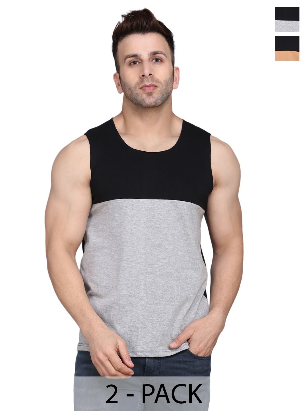 

Woostro Pack Of 2 Cotton Colourblocked Gym Vest, Black