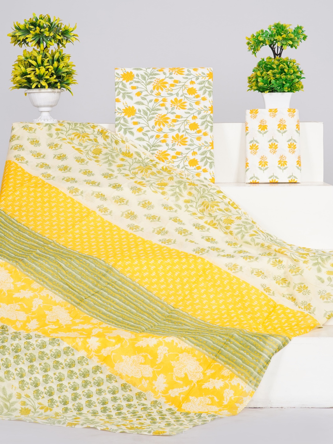 

clothonus Floral Printed Hand Block Pure Cotton Unstitched Dress Material, Yellow