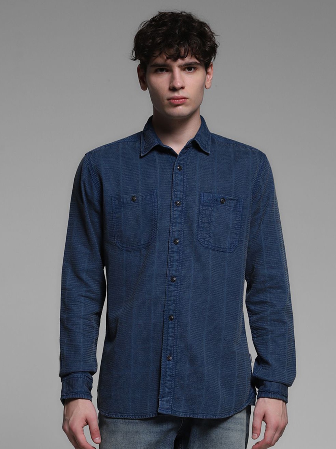 

Jack & Jones Men Spread Collar Textured Cotton Casual Shirt, Blue