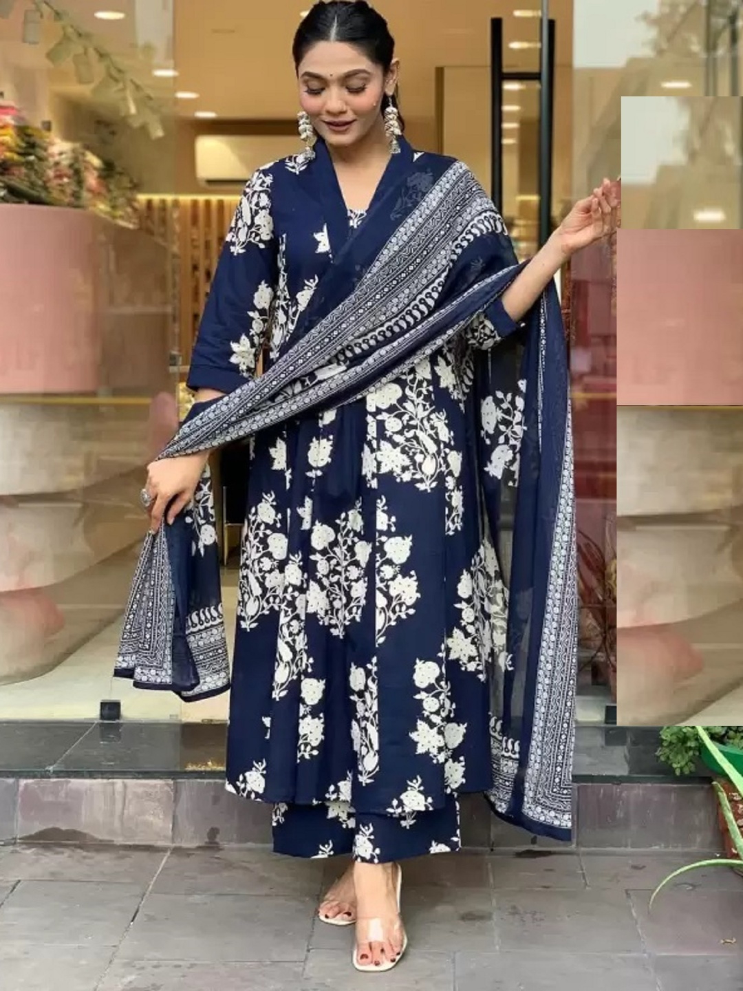 

KALINI Floral Printed V-Neck Pleated A-Line Kurta With Trouser And Dupatta, Navy blue