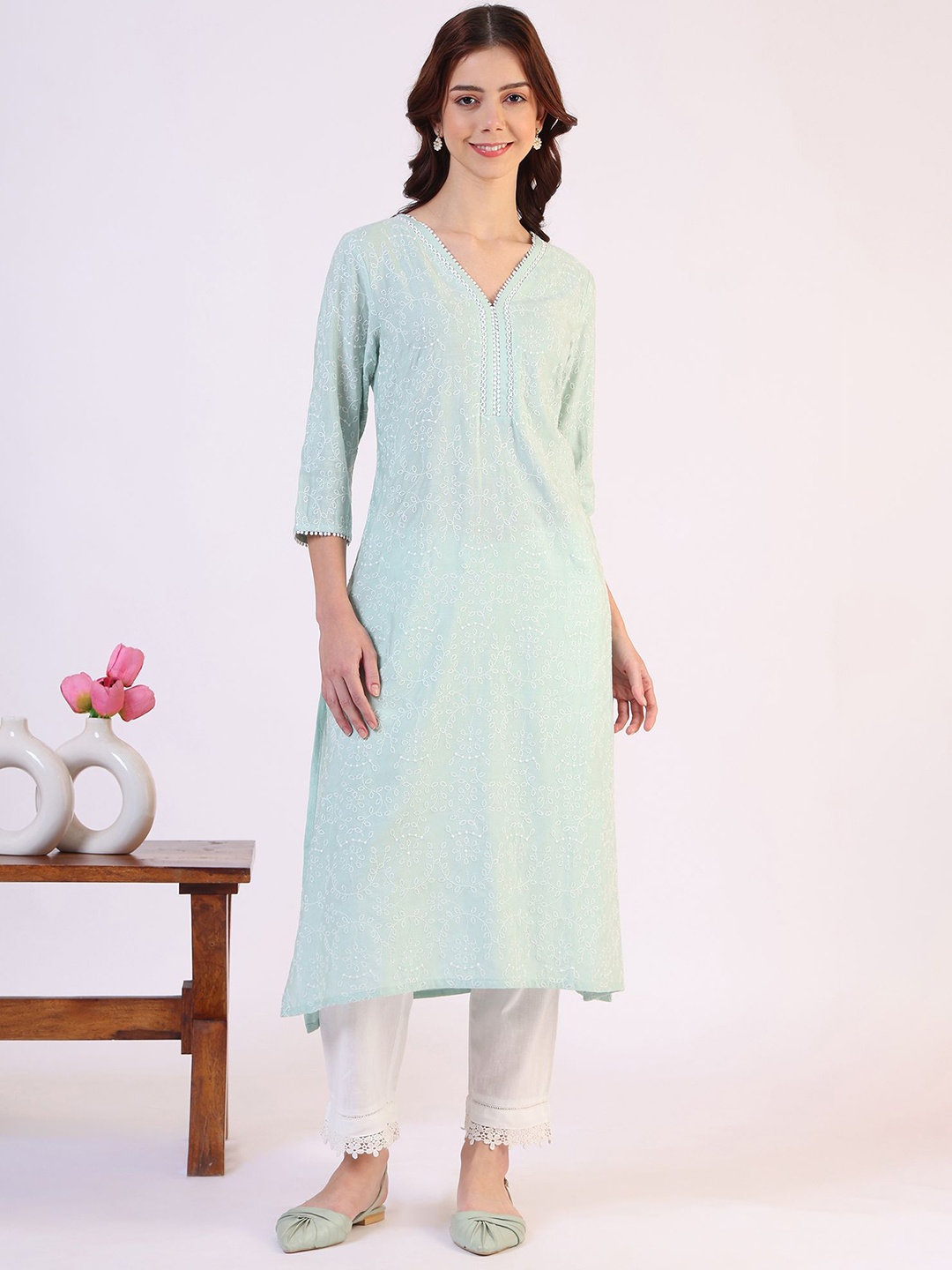 

W Floral Embroidered V-Neck Chikankari Straight Kurta, Blue
