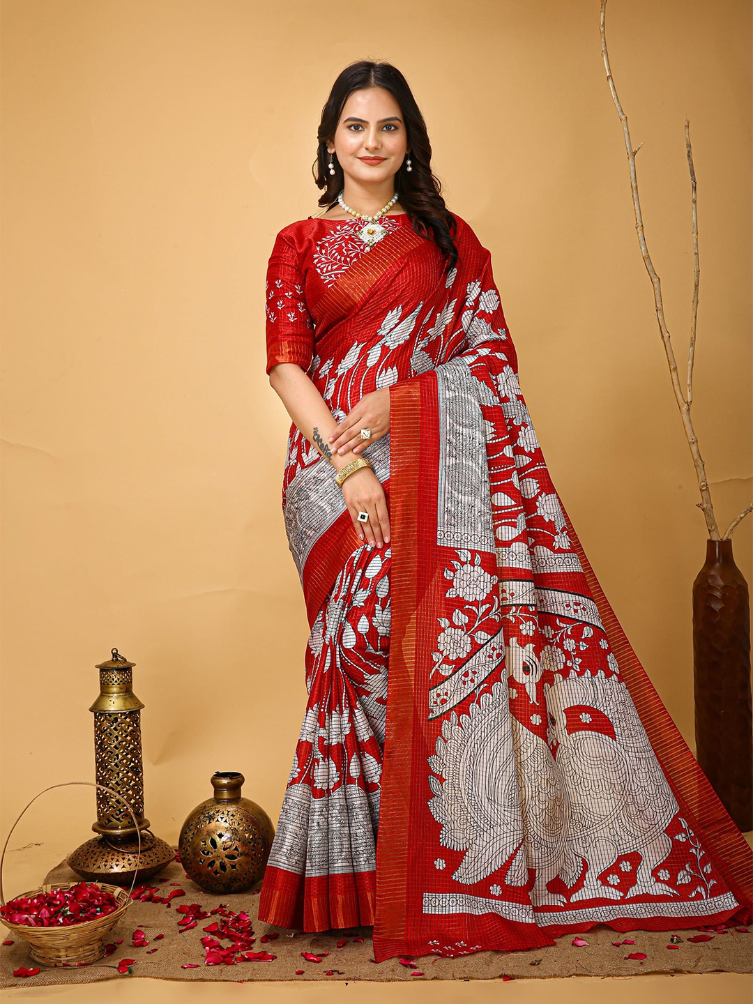 

KAYOMMI Floral Zari Pure Cotton Kanjeevaram Saree, Red