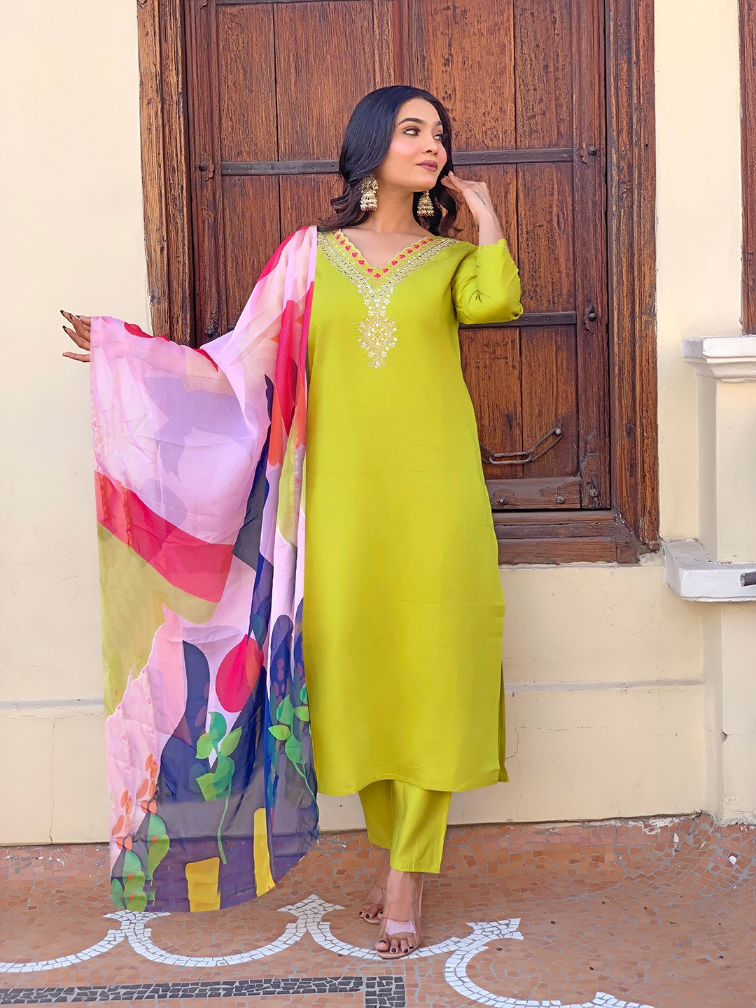 

BAESD Floral Embroidered V-Neck Straight Kurta With Trousers And Dupatta, Lime green