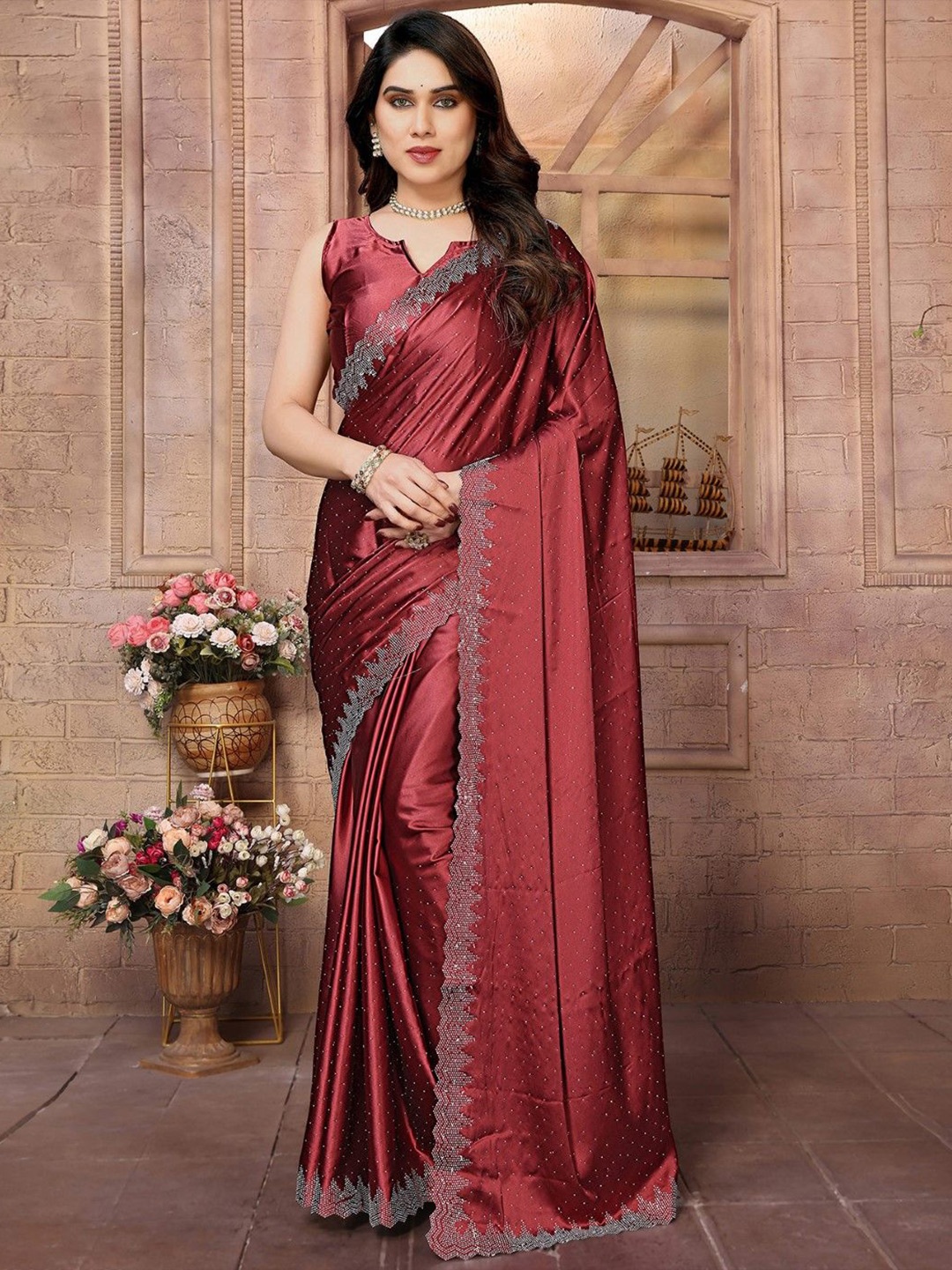 

KALINI Embellished Beads and Stones Satin Saree, Maroon