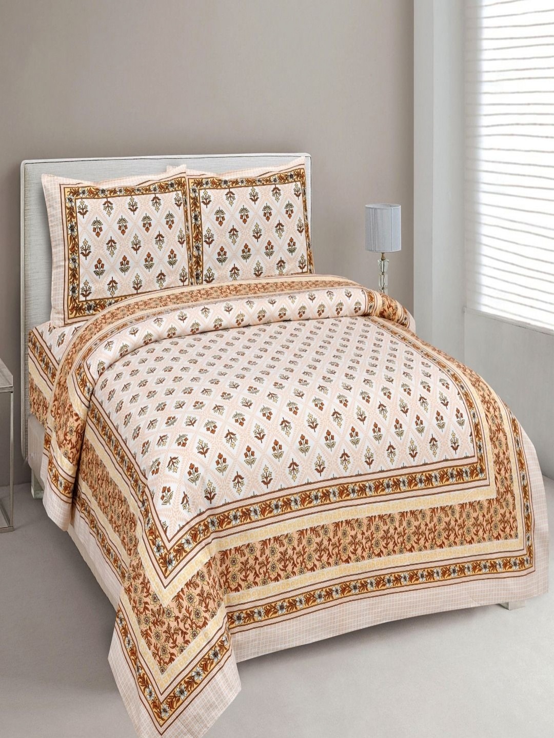 

Myntra Elegant Homes Brown Printed Pure Cotton 180 TC King Bedsheet Set 2.74 m x 2.54m
