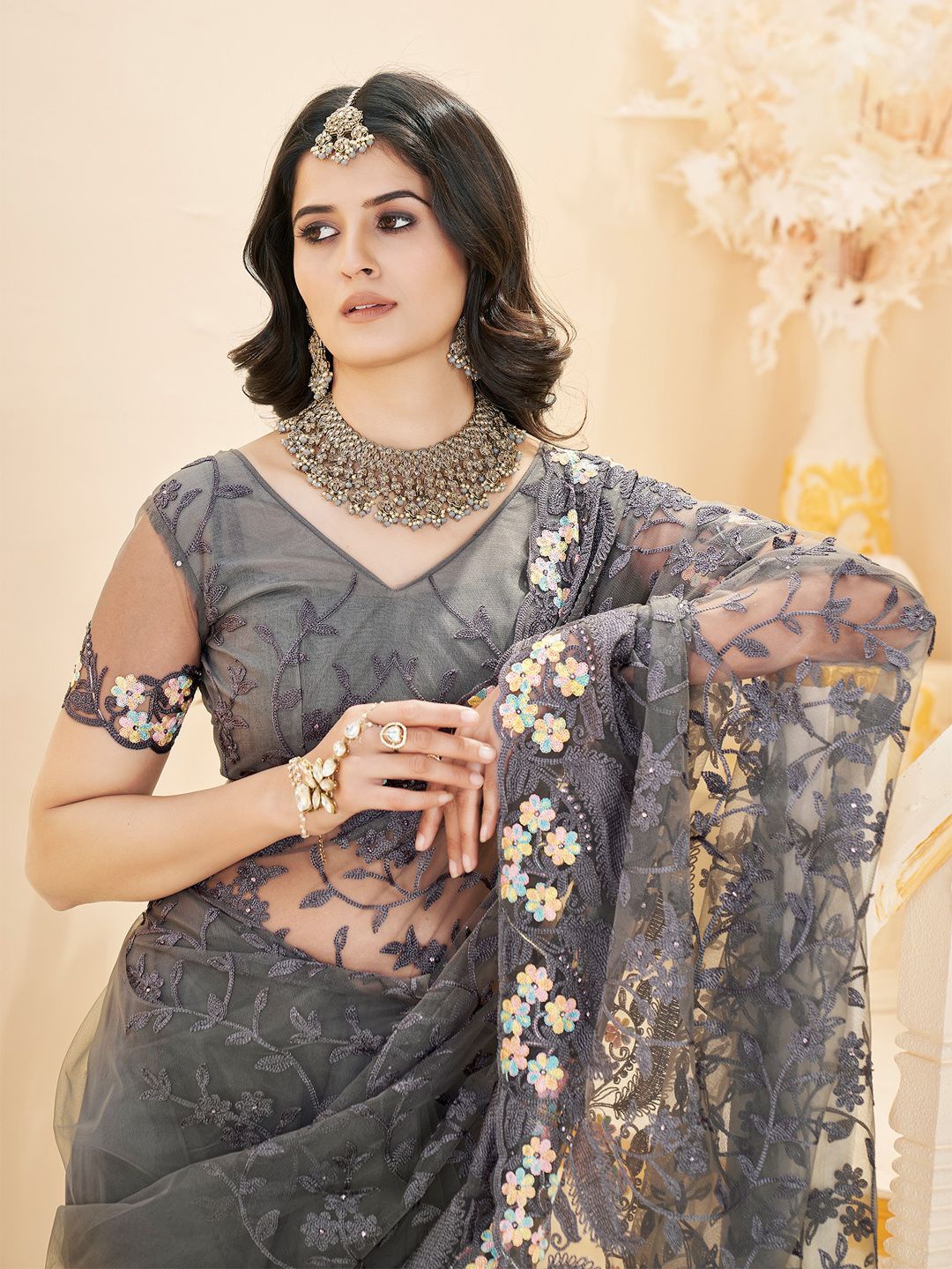 

Anouk Floral Beads and Stones Net Saree, Grey