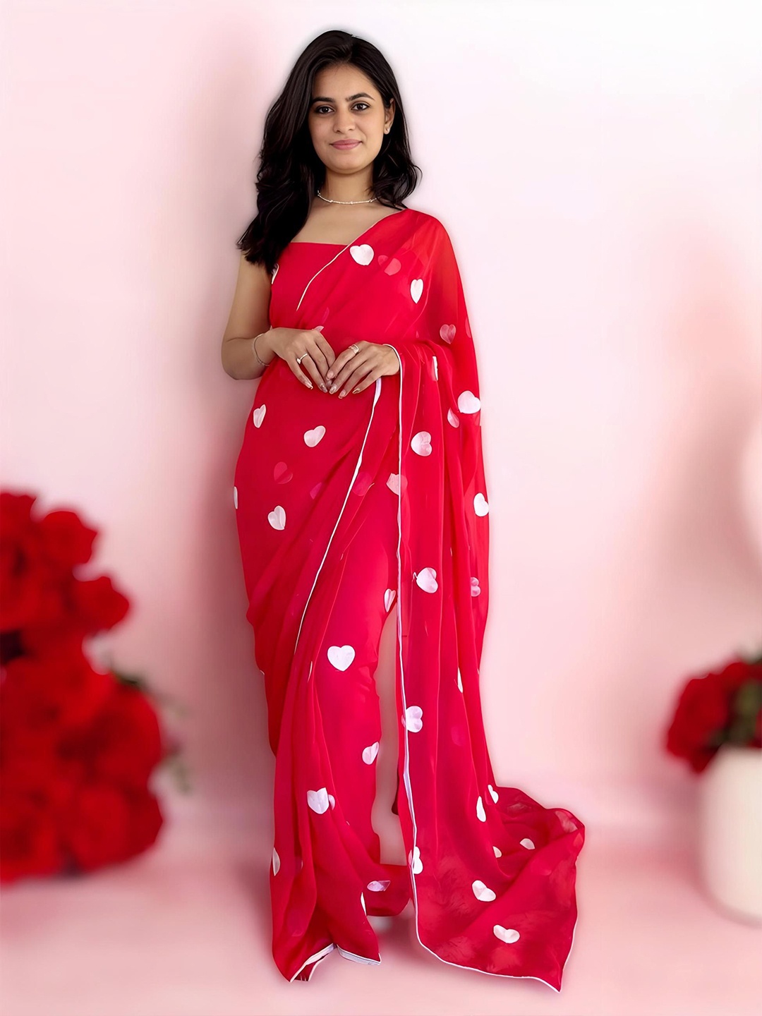 

HMP Fashion Ready To Wear Pure Georgette Saree, Red